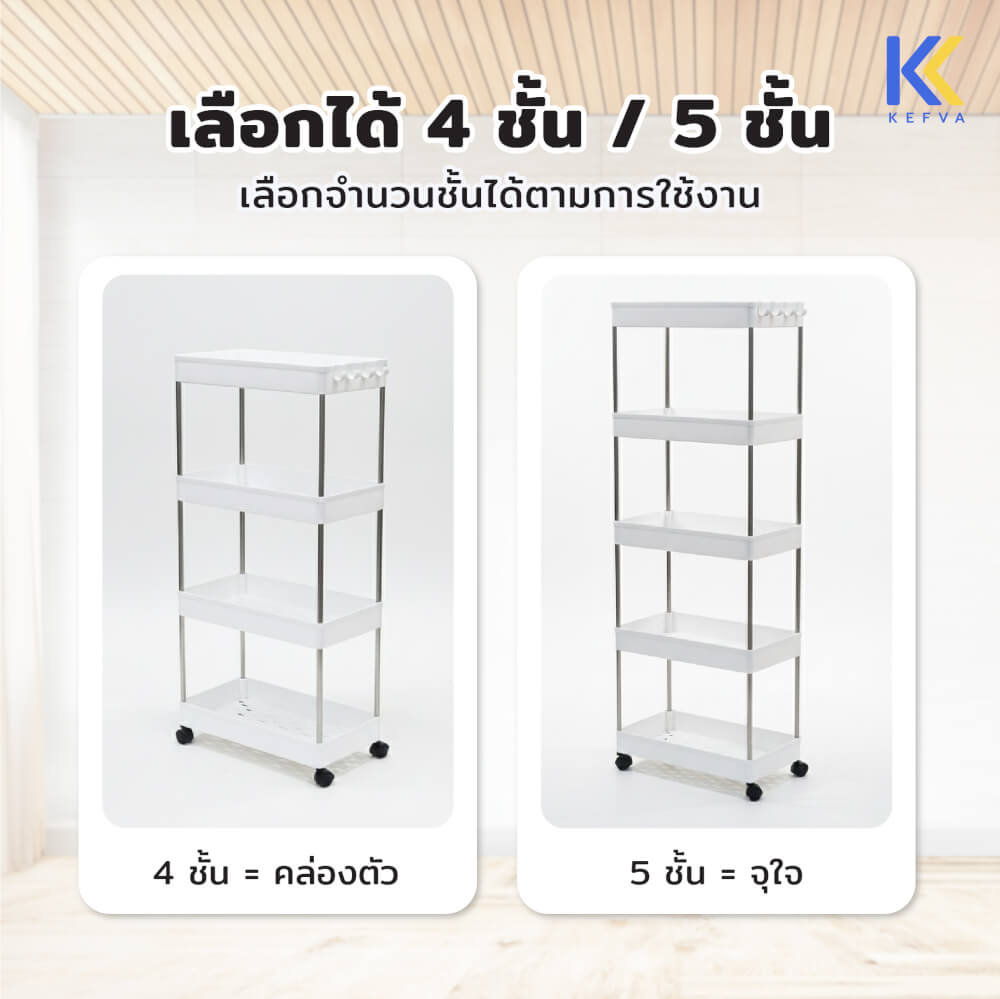ชั้นวางรถเข็นอเนกประสงค์ KEFVA 5 ชั้น โครงสแตนเลส พร้อมล้อเลื่อน ขนาด 40X22X110 ซม.